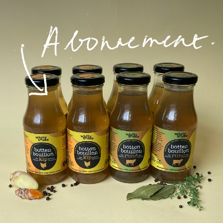 Wholy Bones bottenbouillon product kleine flessen 8x 250 ml kip en rund abonnement